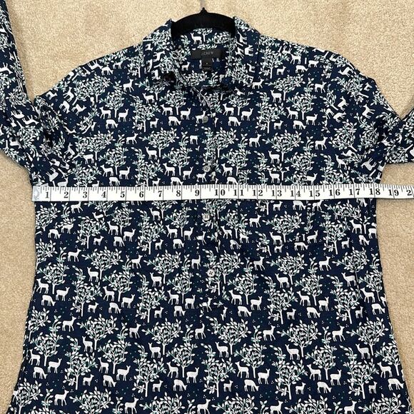 J. Crew Popover Blouse Deer Winter Blue White Longsleeve Top Women Size 2 - Picture 4 of 8